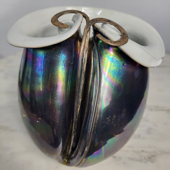 STUNNING VINTAGE IRIDESCENT STERLING SILVER FOLD OVER POTTERY CERAMIC VASE DISH - Picture 1 of 16